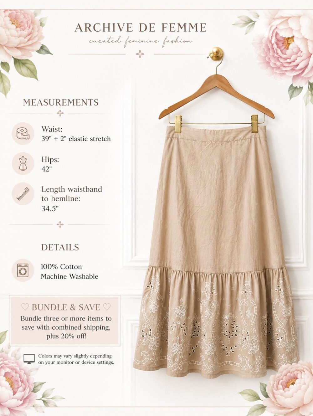 Moon River Embroidered Eyelet Cotton Maxi Skirt Tan | Size Medium - Picture 8 of 11